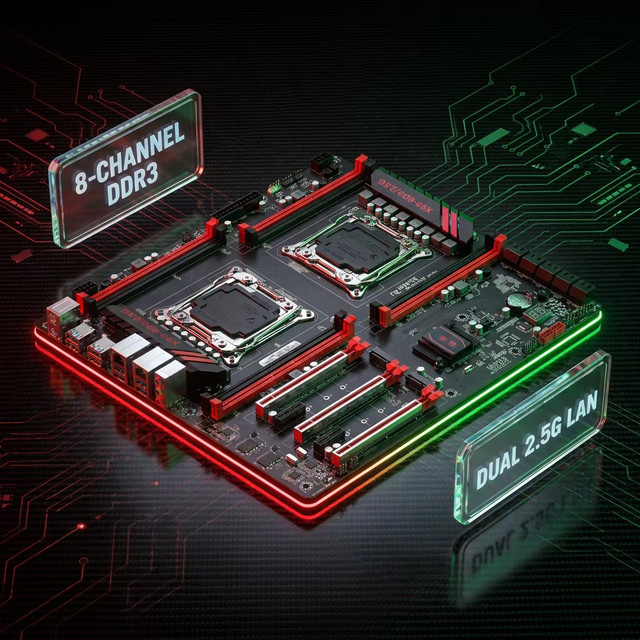 JGinyue X99-8D3 Gaming-Mainboard LGA 2011-3 für Xeon E5 V3 V4 CPUs, 8x DDR3 RAM-Steckplätze, 2,5G LAN und NVMe M.2, Schwarz - Bild 1