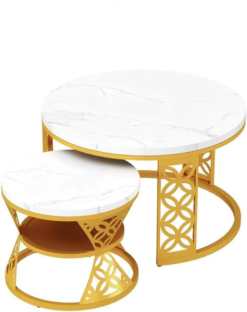 okwish Couchtisch mit Marmor Optik in Weiß und Gold, runder Couchtisch mit Metallbeinen für dein Wohnzimmer, B/T/H: 70 x 70 x 45 cm - Bild 1