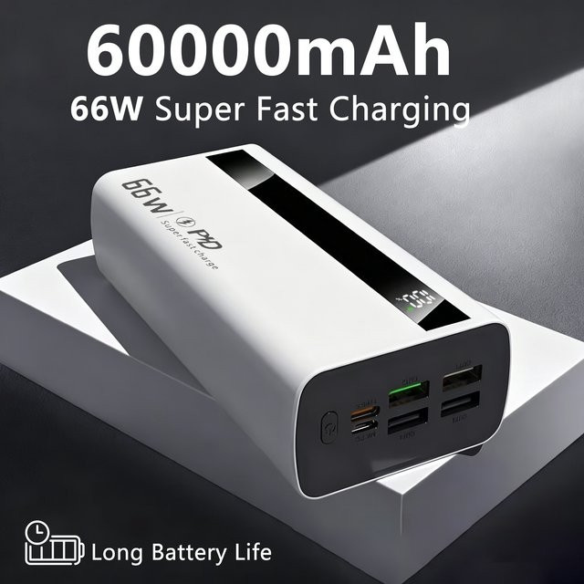 InTessry Hochleistungs-Powerbank mit 60000mAh und 66W Schnellladeleistung, PD3.0 22,5W, Display und 4 Ausgänge, Farbe: Weiß - Bild 1