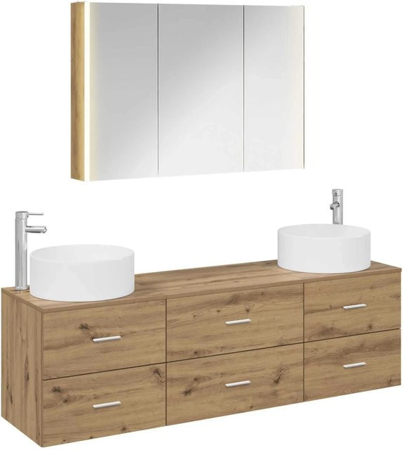 vidaXL Badezimmermöbel-Set 4-teilig in Artisan-Eiche mit Glas und LED-Beleuchtung, Farbe: Braun, B/T/H: 120 x 44,5 x 70 cm, 64,73 x 44,5 x 44,5 cm - Bild 1