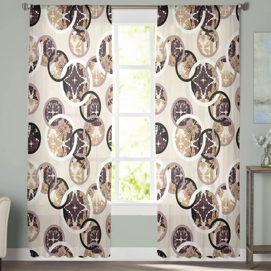 Handbemalte Khaki-Gardinen mit kreisförmigen Blättern und Blumen aus transparentem Tüll für dein Schlafzimmer, Breite: 135 cm, Höhe: 114 cm - Bild 3