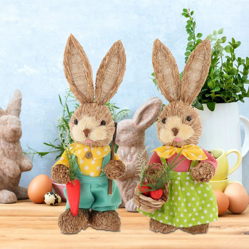 2er-Set homyl Ostern Kaninchen Figuren aus Stroh und Textil in Braun zur Dekoration - Bild 2