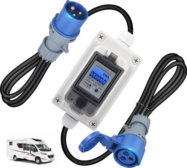 Mobiler digitaler Wattstundenzähler 230V 16A mit Steckdose, IP67 wasserdicht, LED und Reset, Farbe: Blau/Weiß - Bild 1