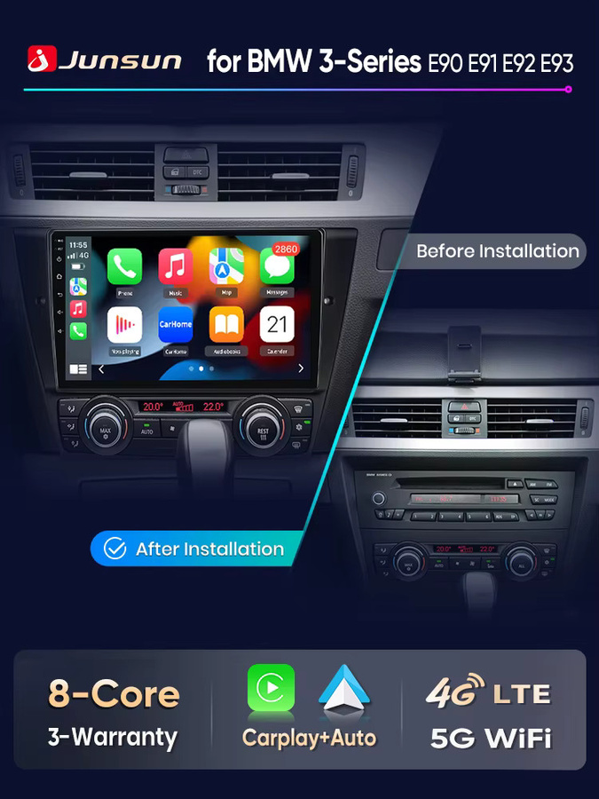 Junsun Android Auto Multimedia Radio für BMW 3-Serie E90 E91 E92 E93 mit kabellosem CarPlay, GPS, DAB+ und DSP in Schwarz - Bild 3