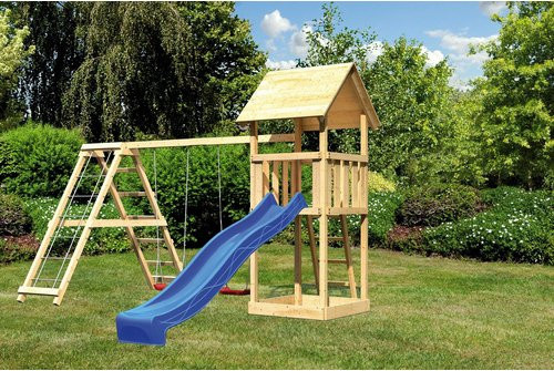 Karibu Spielturm Lotti Klettergerüst mit Doppelschaukel und Rutsche in Blau und Braun - Bild 3