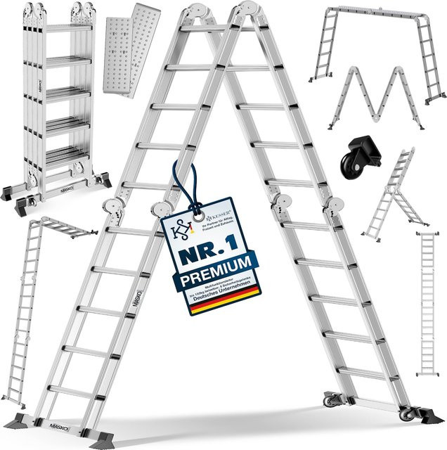 MASKO 6in1 Mehrzweckleiter aus Aluminium in Silber, multifunktionale Gelenkleiter mit 150 kg Belastbarkeit als Anlege-, Steh- und Treppenleiter - Bild 1