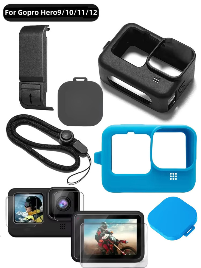 Komplett-Schutzset für GoPro Hero 12, 11, 10 und 9 mit Silikonhülle, Displayschutz aus gehärtetem Glas und Objektivabdeckung in Schwarz - Bild 3