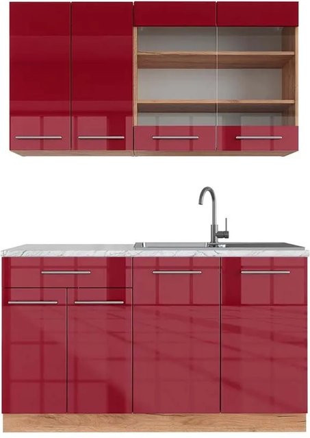 Vicco Fame-Line Singleküche Bordeaux Hochglanz und Goldkraft Eiche, Breite: 140 cm, mit Marmor-Arbeitsplatte und Soft-Close-Türen - Bild 1
