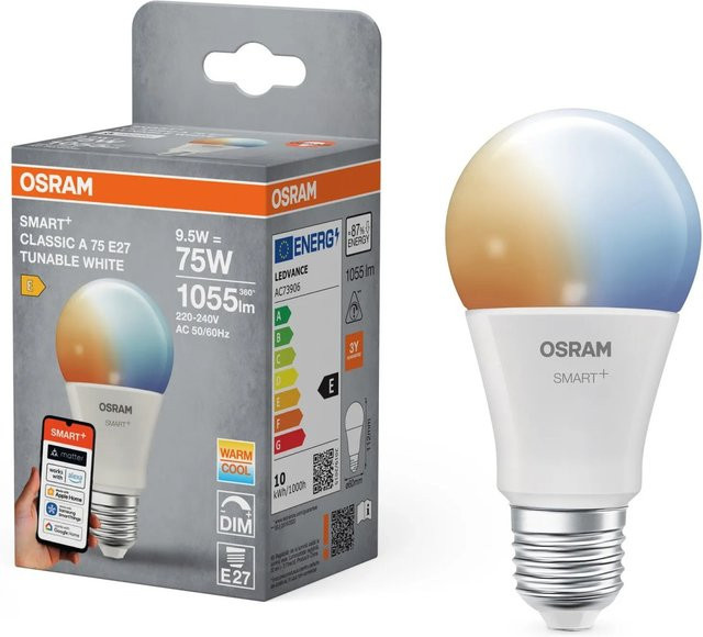 Osram Smart+ Matter LED Leuchtmittel E27 A75 Globe, dimmbar, 9,5 W, weiß - Bild 1