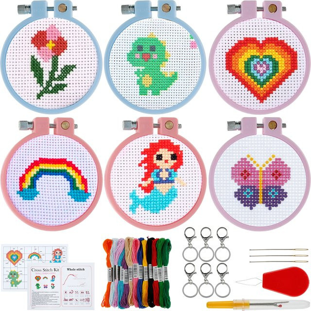 6er Set Stickerei Starter Kit für Anfänger mit Nadelentferner und Stickrahmen in Weiß und Multicolour - Bild 1