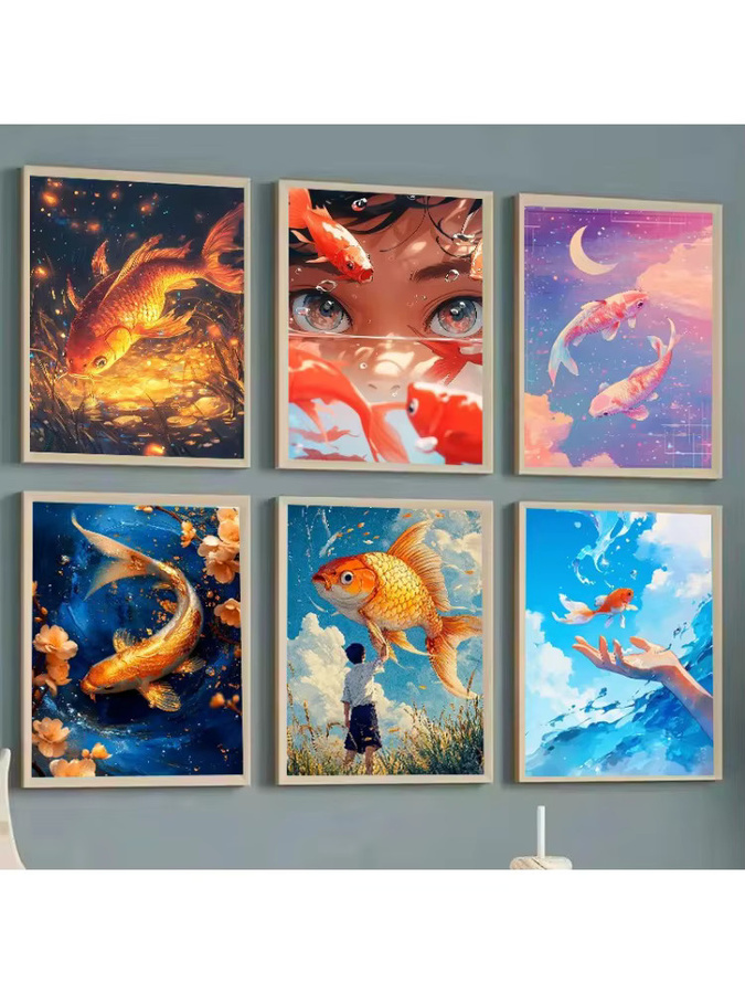 Potdemiel Klassisches Leinwandgemälde mit goldenen Koi-Fischen als surreales Wandbild zur Wohnzimmerdekoration - Bild 4