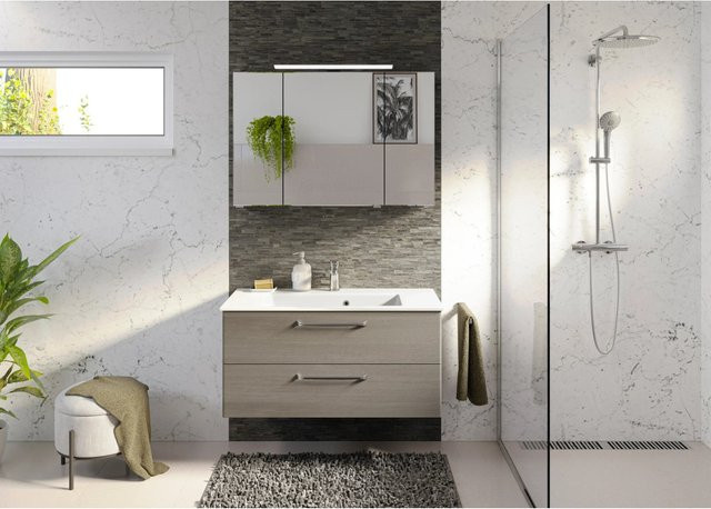 Pelipal Badmöbel-Set Trentino in Graphit Struktur Quer mit Waschtisch aus Mineralmarmor, Waschtischunterschrank, Spiegelschrank und Midischrank, Breite: 167 cm - Bild 1