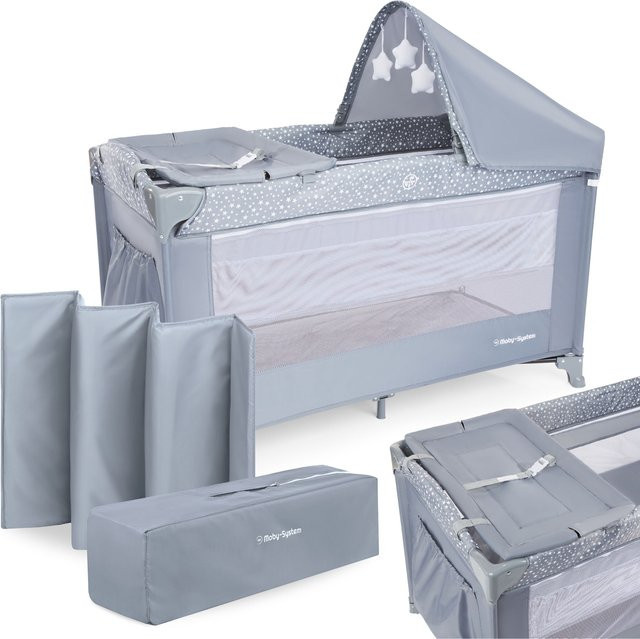 Moby-System Tourist Crib Majesty Reisebett mit 2 Ebenen und vorgefalteter Klappe sowie Happy Traveller Basic Plus Babymatratze in Grau - Bild 1