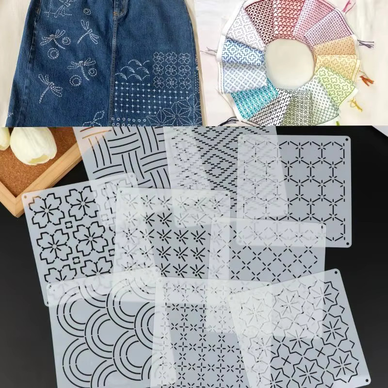 Velishy Sashiko-Stickerei-Schablone Set aus transparentem PET mit 9 bis 32 geometrischen Patchwork-Mustern für DIY-Handarbeiten - Bild 3