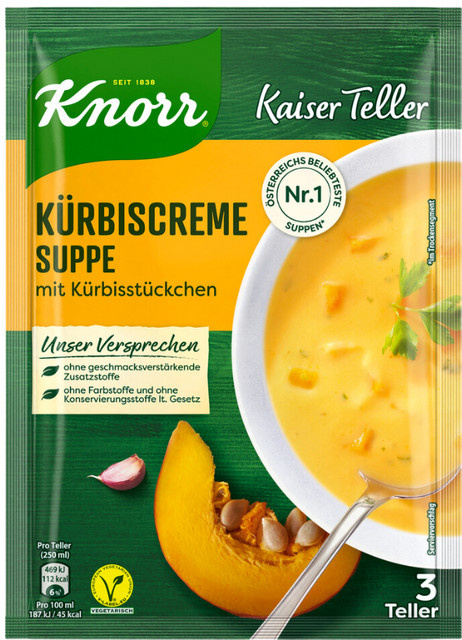 Knorr Kaiser Teller Kürbiscreme-Suppe mit Kürbisstücken 3 x 72 g - Bild 1