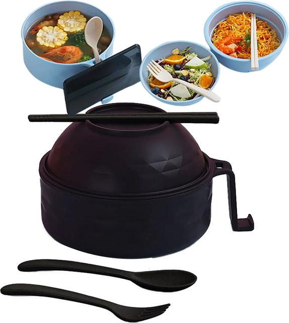 WANGYIXIN Mikrowellen-Ramen-Schüssel-Set aus Weizenstroh mit Griffen, Löffel, Essstäbchen und Gabel, Beige - Bild 1