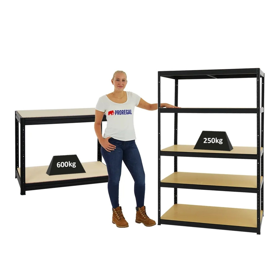 PROREGAL Set aus Schwerlastregal Big Elephant M und höhenverstellbarer Werkbank Slim Dino in Schwarz, H x B x T: 180 x 120 x 60 cm und H x B x T: 90 x 120 x 60 cm - Bild 2