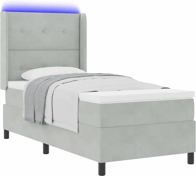 vidaXL Boxspringbett mit Matratze und LED-Unterbettbeleuchtung in Hellgrau aus Samt, B/T/H: 90 x 190 x 128 cm - Bild 1