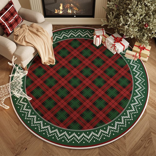 Runder Weihnachtsteppich mit Karomuster in Rot, rutschfeste Dekorationsmatte für Wohnzimmer und Eingangsbereich - Bild 1