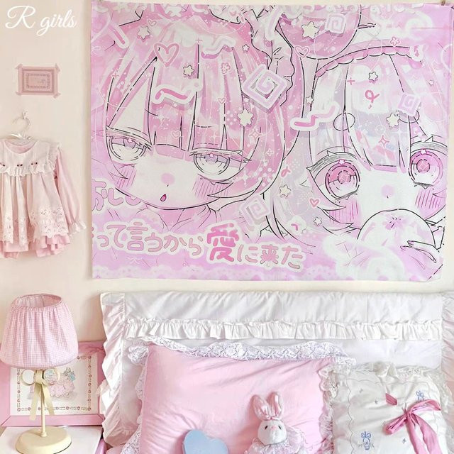 VIKAMA Wandteppich mit animierten Charakter-Motiven in Pink, dekoratives Hängetuch für Kinderzimmer und Schlafsaal, B/H: 60 x 40 cm - Bild 1
