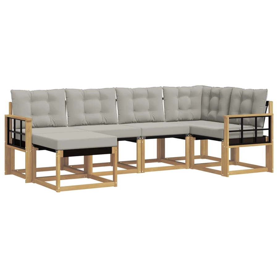 vidaXL Outdoor-Sofagarnitur 6-teilig in L-Form aus Akazienholz und Textilene mit Kissen in Weiß und Hellgrau - Bild 2