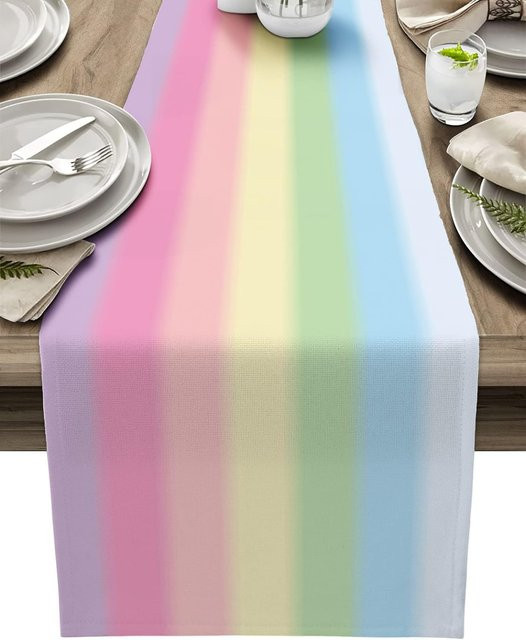 JINGYUE Pet Tischläufer aus Leinen mit Regenbogenstreifen in Weiß und Multicolour, B: 150 cm, T: 33 cm - Bild 1