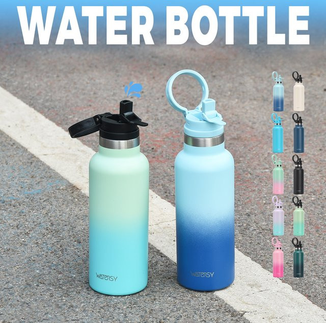 WATERSY Edelstahl Thermoflasche mit Strohhalm, Vakuum-Isolierflasche für Heiß- und Kaltgetränke, Blau, 500 ml - Bild 1