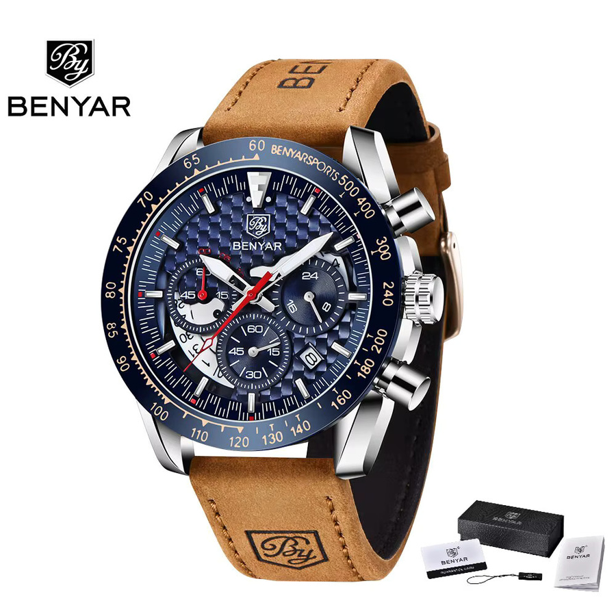 BENYAR Chronograph, Quarz, Edelstahl, Leder, Blau, Herren - Bild 5