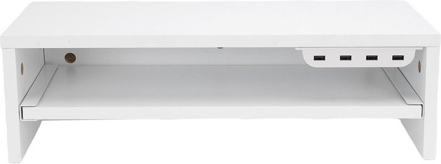 Aimo Desktop-Monitorerhöhung aus Holz mit Schublade, AC-Steckdosen, USB-Hub und Handy-Ladestation in Weiß - Bild 1