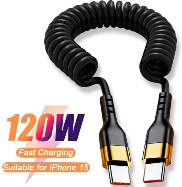 USB Typ C auf Typ C Feder-Teleskopkabel für 120 W Schnellladung 5A, Schwarz - Bild 1