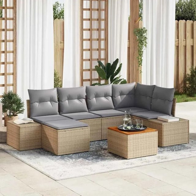 vidaXL 7-tlg. Garten-Sofa-Set in L-Form mit Kissen und Couchtisch, Beige/Grau, Poly-Rattan und Metallrahmen - Bild 1
