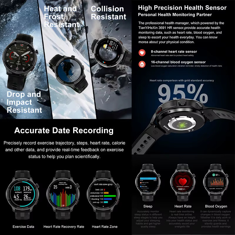 yaocx Smartwatch, GPS, Beleuchtung, 3 ATM, Silikon, Herren, Schwarz - Bild 4
