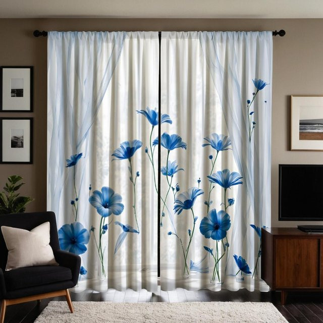 2er-Set halbtransparente Vorhänge mit blauem Blumendruck in Weiß, modern und naturinspiriert, B: 132 cm, H: 160 cm - Bild 1