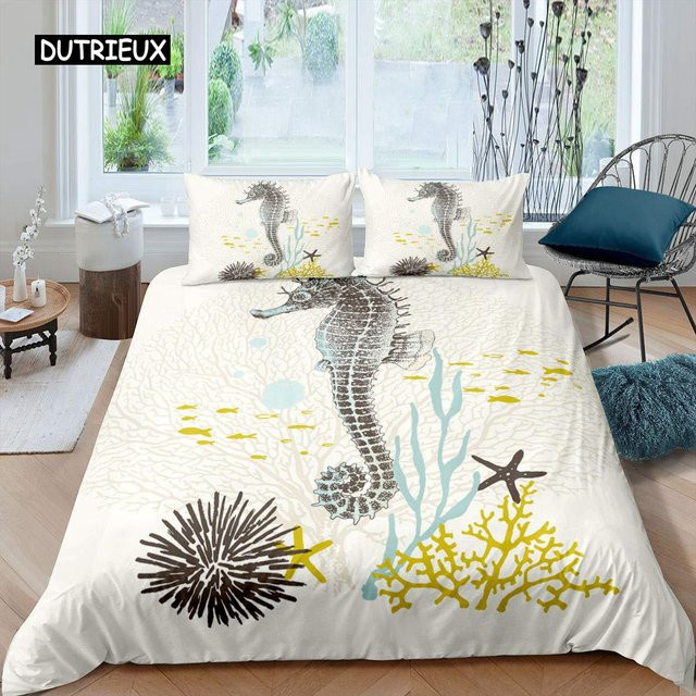 Bettwäscheset Seepferdchen und Meereslebewesen von Binchi Outdoor Product in Orange und Weiß, Material Mikrofaser, B/H: 135 x 200 cm - Bild 1