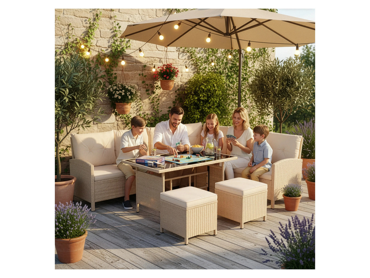 Juskys Gartenlounge Manacor Polyrattan Set für 8 Personen in Creme mit Sandfarbenen Sitzbezügen - Bild 2