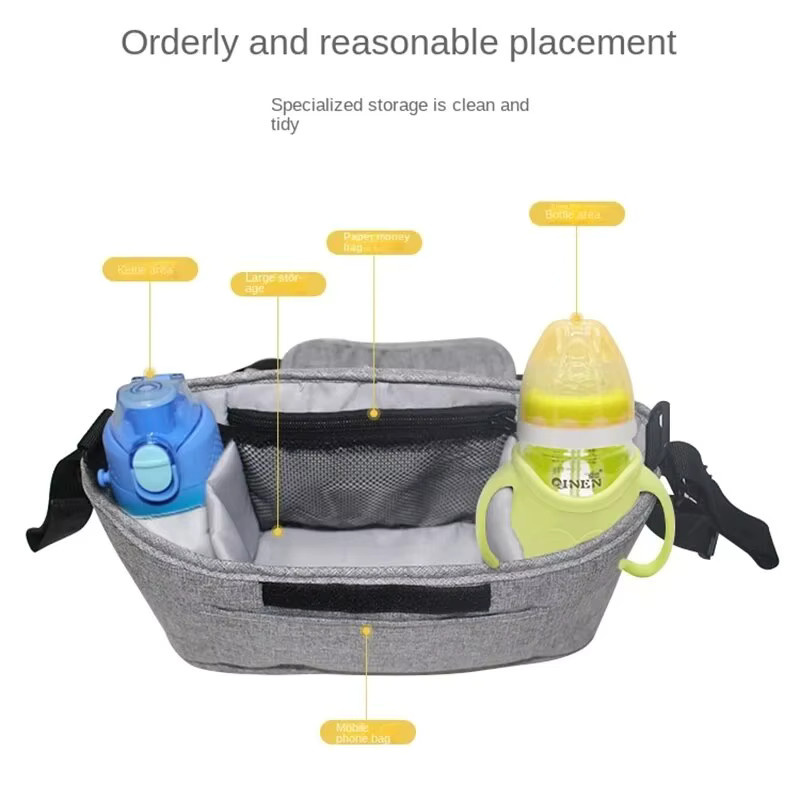 Kinderwagen Organizer Tasche mit großem Fassungsvermögen und Flaschenhalter für Windeln und Zubehör in Schwarz oder Grau - Bild 4