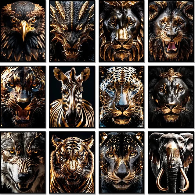 Potdemiel Wandkunst Poster mit Tier-Motiven in Schwarz-Gold, Rundes Papier-Poster mit Zebra, Löwe, Tiger, Adler und Wolf für dein Zuhause, Durchmesser: 25,0 cm - Bild 1