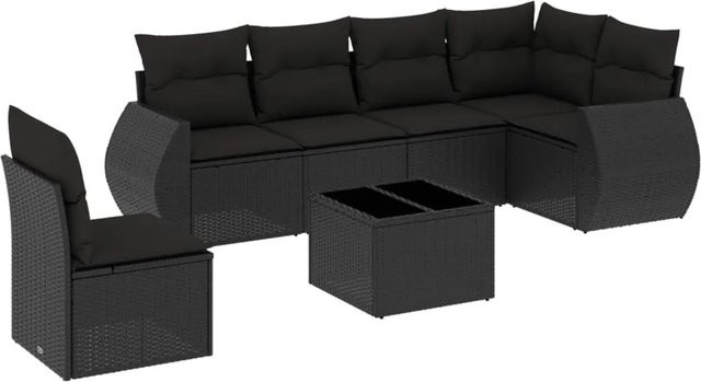 vidaXL 7-teilige Garten-Sofagarnitur in L-Form aus schwarzem Poly-Rattan mit Kissen und pulverbeschichtetem Stahlgestell - Bild 1