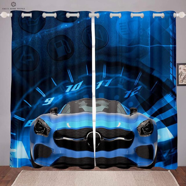 Yiran Furniture Vorhänge für Jungenzimmer mit Rennwagen-Muster in Blau, 2er-Set, semi-transparent, Breite: 50 cm, Höhe: 130 cm - Bild 1