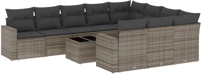 vidaXL 11-tlg. Garten-Sofagarnitur in L-Form aus Poly-Rattan in Grau mit Kissen und Couchtisch - Bild 1