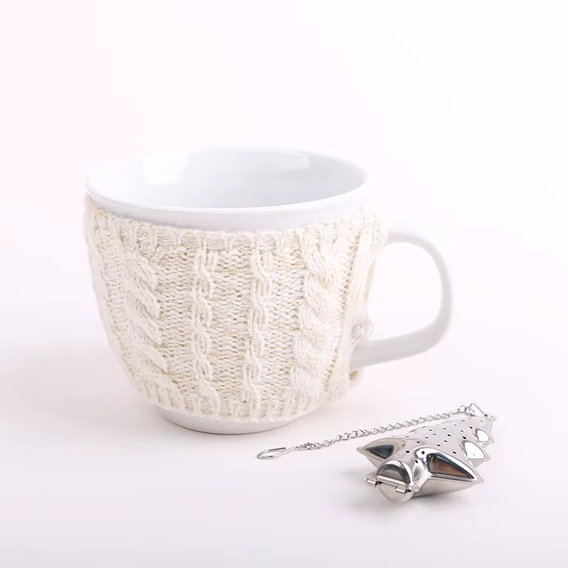 Weißes Keramik-Tassen-Set von SILVER BOX mit cremefarbenen Ärmeln und baumförmigem Tee-Ei, 12 Unzen für Kaffee und Tee - Bild 4