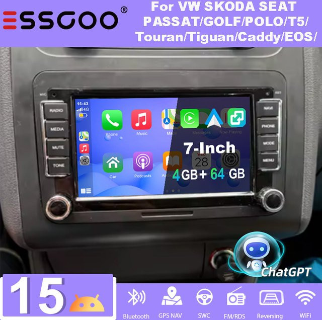 ESSGOO Android 15 Autoradio mit 7 Zoll Display, 4+64G Speicher, kabelloses CarPlay, Android Auto, GPS, WiFi, Bluetooth und AI Sprachsteuerung für Seat, Skoda, VW Golf 5 6, Passat, Polo, Touran, Tiguan, Rabbit, Sharan, Caddy, EOS, T5 in Schwarz - Bild 1