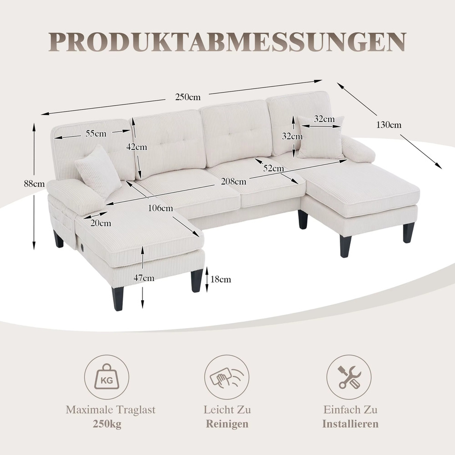 LVHOM Modernes U-förmiges 4-Sitzer Sofa mit Doppel-Chaiselongue aus Cord- und Leinenstoff und USB-Anschlüssen - Bild 2
