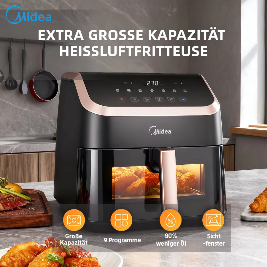Midea XXL Heißluftfritteuse 8-in-1 mit Sichtfenster, 8,5 l Volumen, bis 200 °C, Schwarz/Roségold - Bild 2