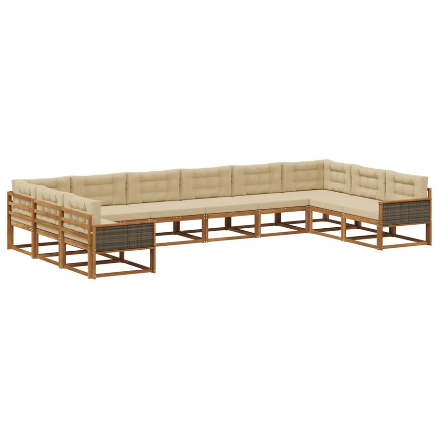 vidaXL Outdoor-Sofagarnitur in U-Form aus massivem Akazienholz mit Polstern und Kissen in Natur-Beige - Bild 2