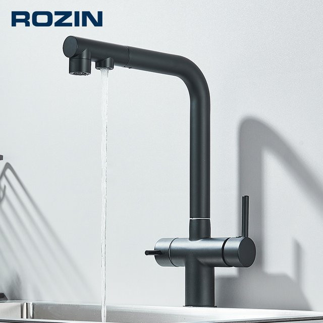 2-in-1 Ausziehbarer Flexibler Küchenwasserhahn mit Filterdüse in Schwarz und Gold von Rozin, B/T/H: 32,5 x 24,0 cm - Bild 1