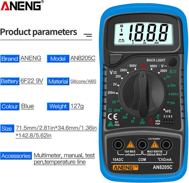 ANENG AN8205C Tragbares Digitales Multimeter in Rot mit LCD-Hintergrundbeleuchtung zur Messung von AC/DC Spannung, Strom und Widerstand - Bild 1