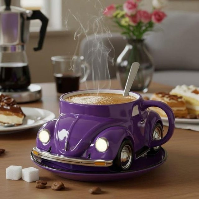 Keramik Kaffeetasse mit Untertasse im Käfer-Design von YUCH07, Farbe: Violett - Bild 1