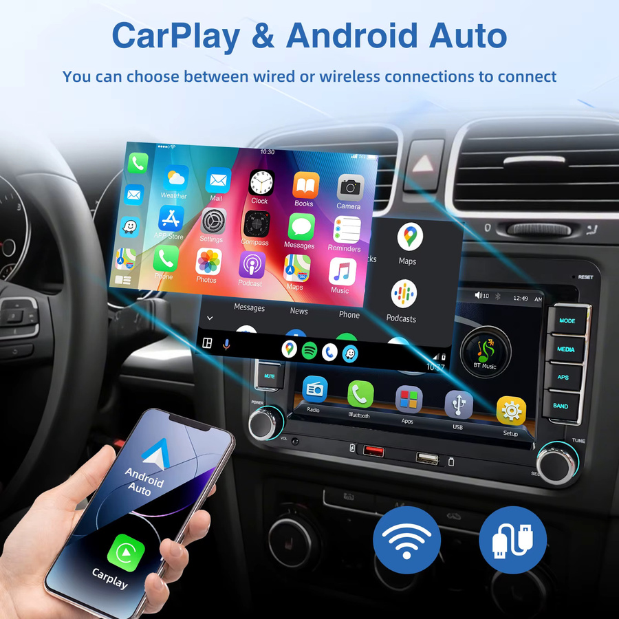 Mopect 7-Zoll Kabelloses CarPlay Autoradio mit GPS, Bluetooth 5.0, RDS und FM in Schwarz für VW Golf, Passat, Polo, Touran, Tiguan, Caddy, EOS, Jetta, Seat und Skoda - Bild 4