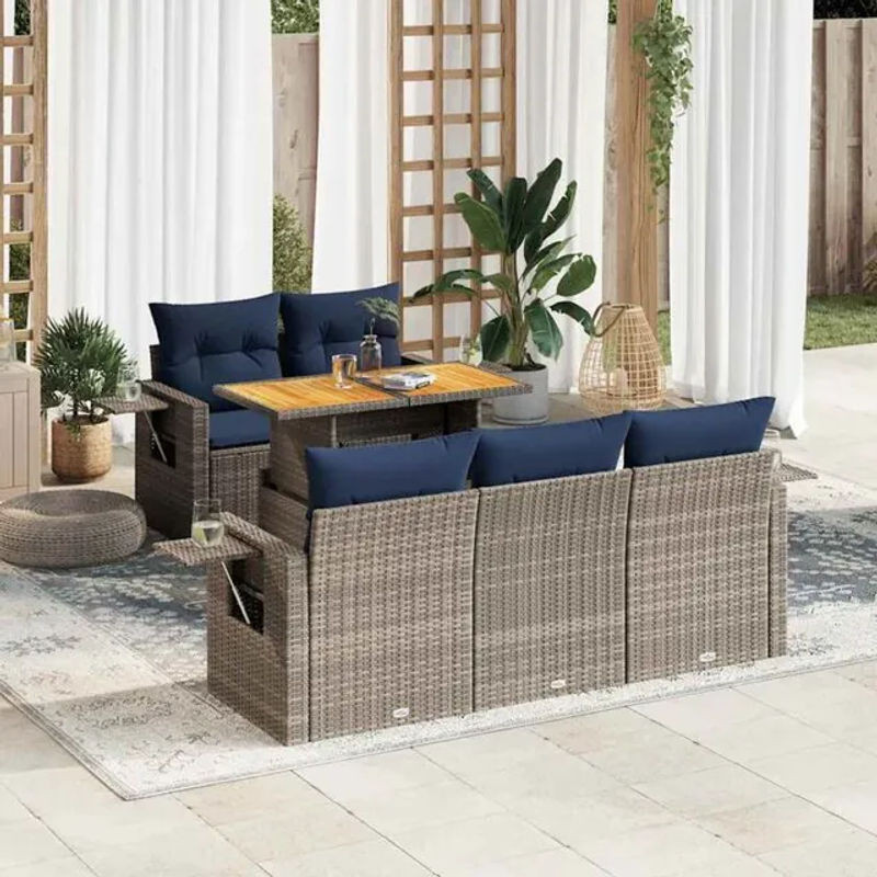 6-teilige moderne Garten-Sofagarnitur mit Kissen aus grauem Poly-Rattan von vidaxl - Bild 1